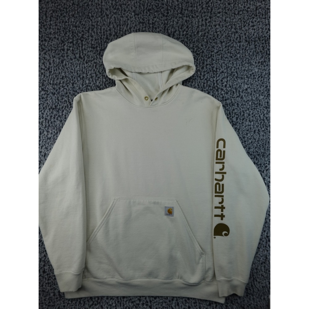 Carhartt Hoodie Mens Large Cream Good Loose Fit Sleeve Logo K288 Sweatshirt